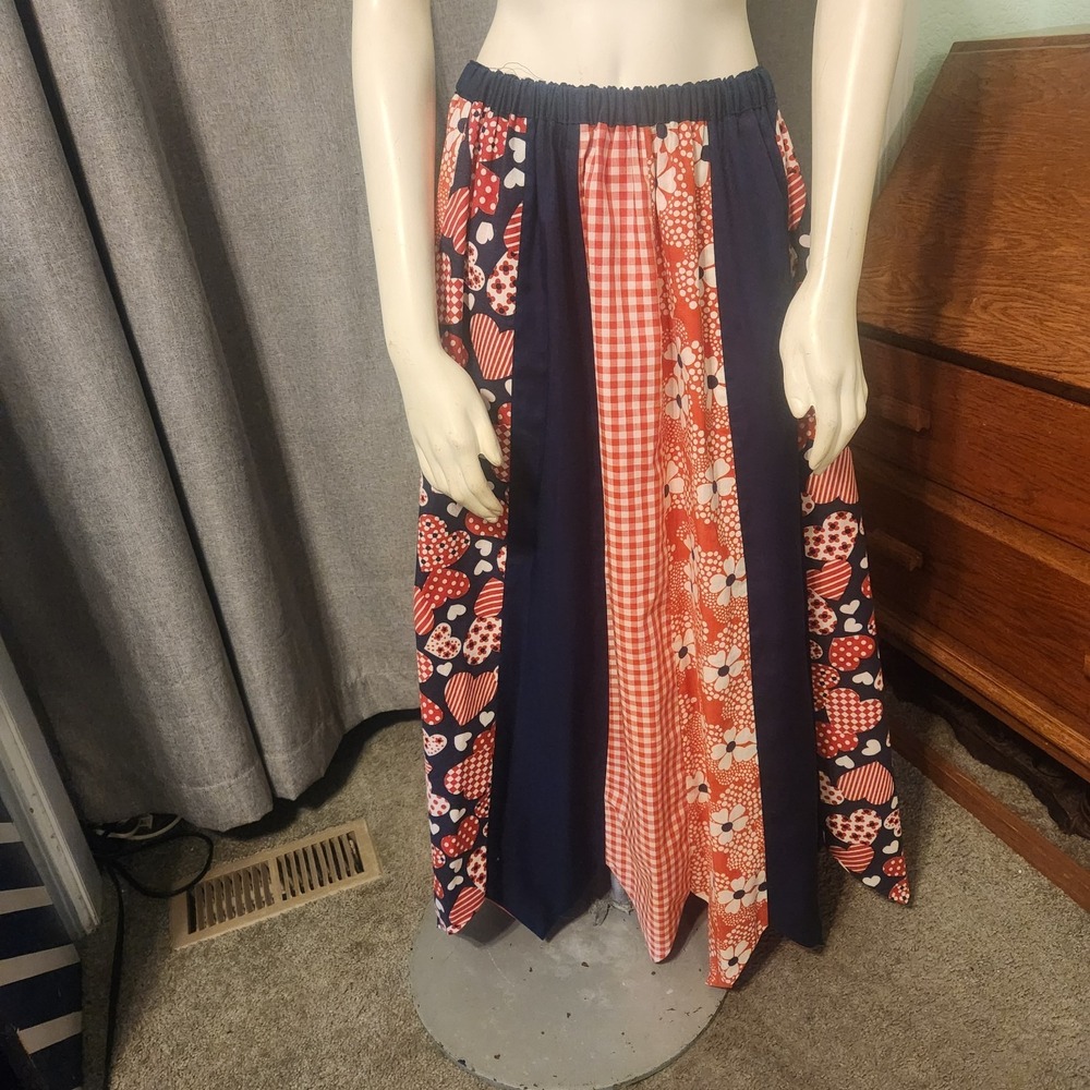 Red Blue Patchwork Panaled Maxi Skirt Vtg Inspired Cottagecore Patriotic‎ L-XL